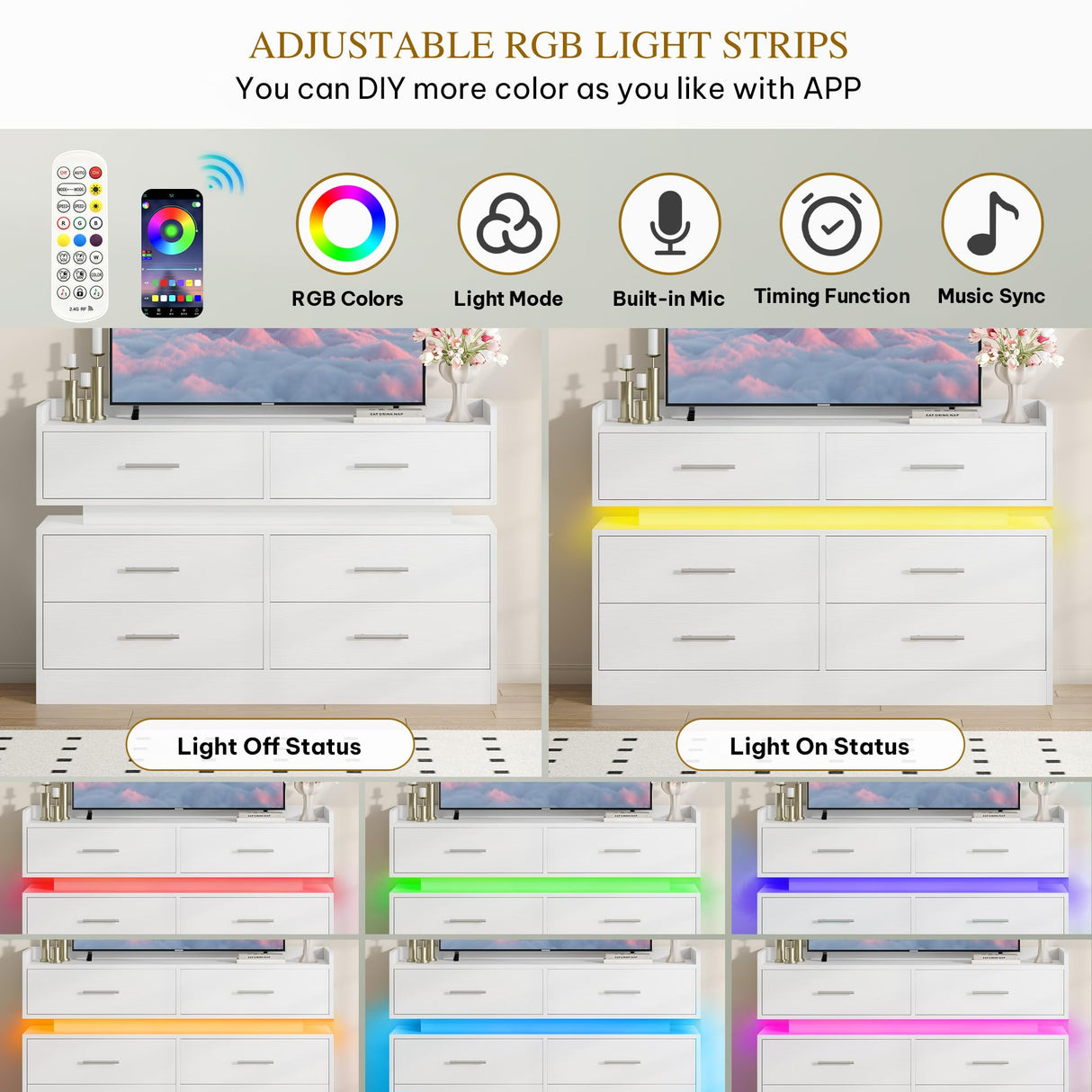 DWVO 6 Drawer Dresser with LED Light, Modern Dresser Chest of Drawers for Closet, Wide Drawer Organizer Cabinet with Top Storage Shelf, White DWVO