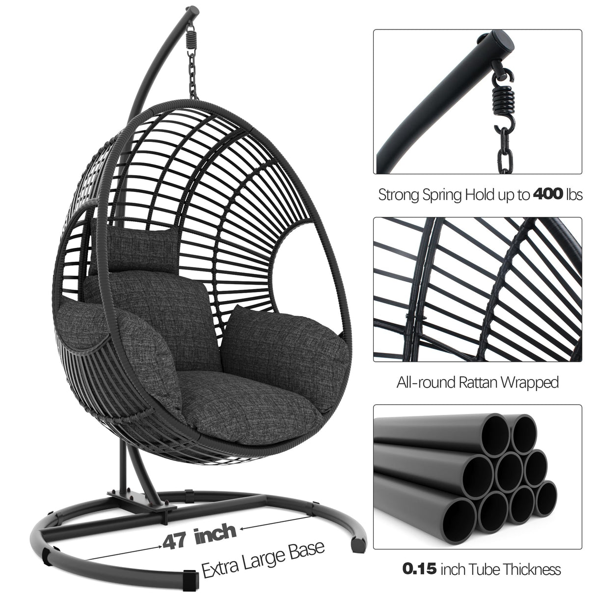 LUTINLIX Oversized Hanging Egg Chair Outdoor Indoor, Wicker Swing Egg Chair with Stand 400lbs Capacity for Bedroom, Patio, Garden and Balcony (Black-Regular, Oversize) LUTINLIX