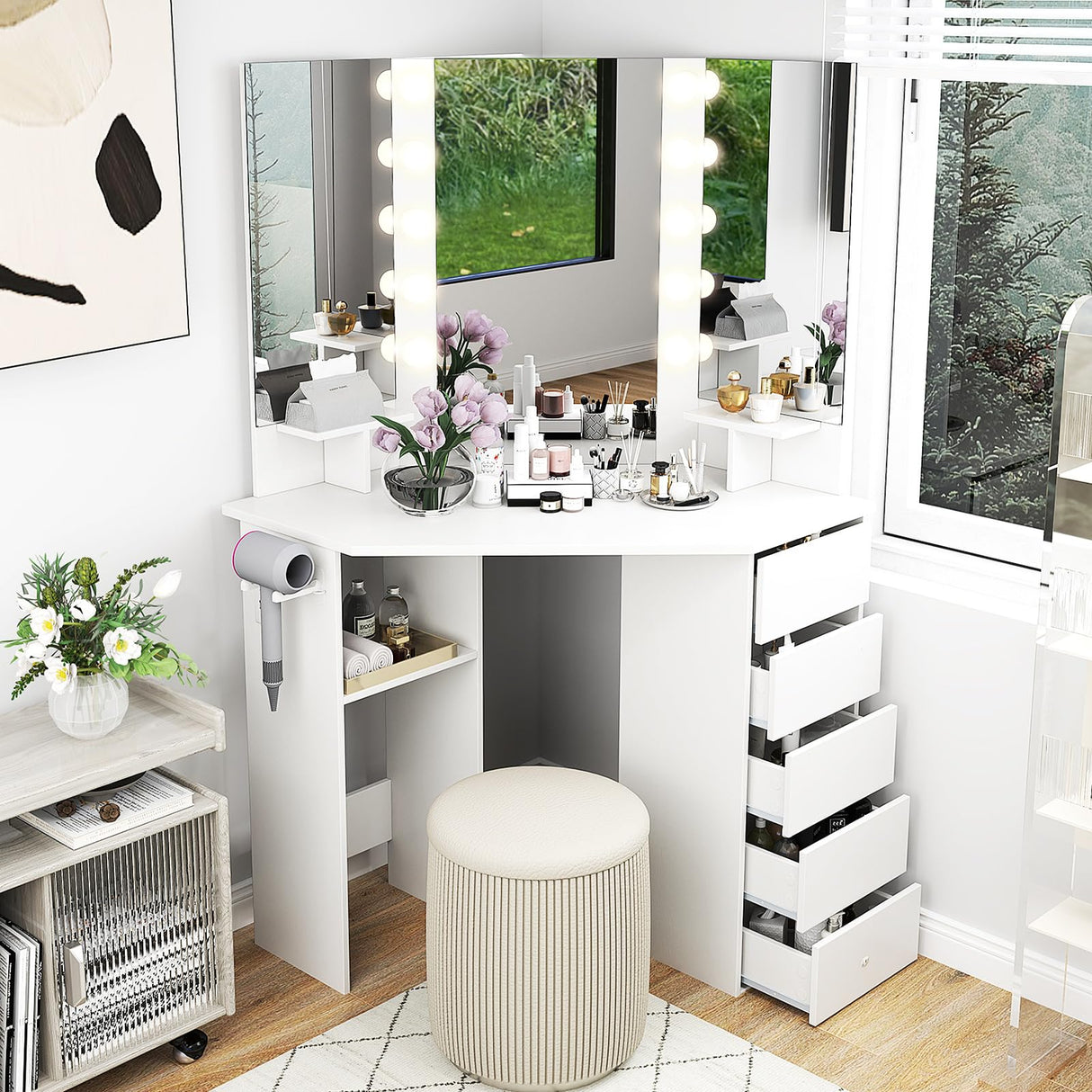 GOFLAME Corner Vanity with Mirror and Lights, Compact Vanity Table with Charging Station, 3 Lighting Modes, 5 Drawers, Dressing Table, Modern Makeup Vanity Desk with Triple Mirror for Bedroom (White) GOFLAME