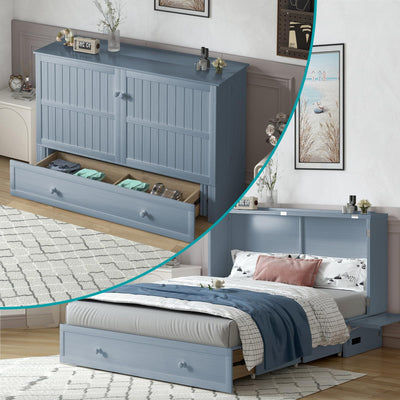 BALUS Queen Murphy Bed with Built-in USB Charging Station, Cube Cabinet Bed with Tri-Folding Memory Foam Mattress, 2 Storage Drawers, Space-Saving Wall Chest Beds for Guest Room/Apartment, Grey-Blue