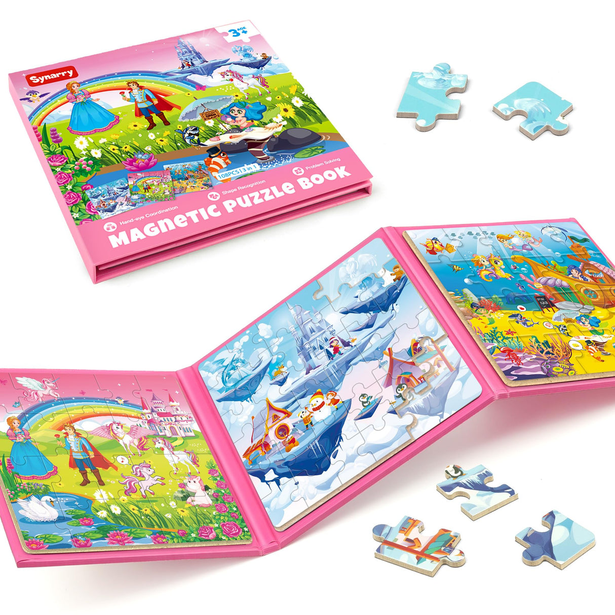 SYNARRY Unicorn Princess Mermaid Magnetic Puzzles for Toddlers 3-5, 36 Pieces Travel Puzzles for Kids Ages 4-8, Airplane Car Road Trip Activities Games Toys for 3 4 5 6 Year Old Girls Birthday Gifts SYNARRY