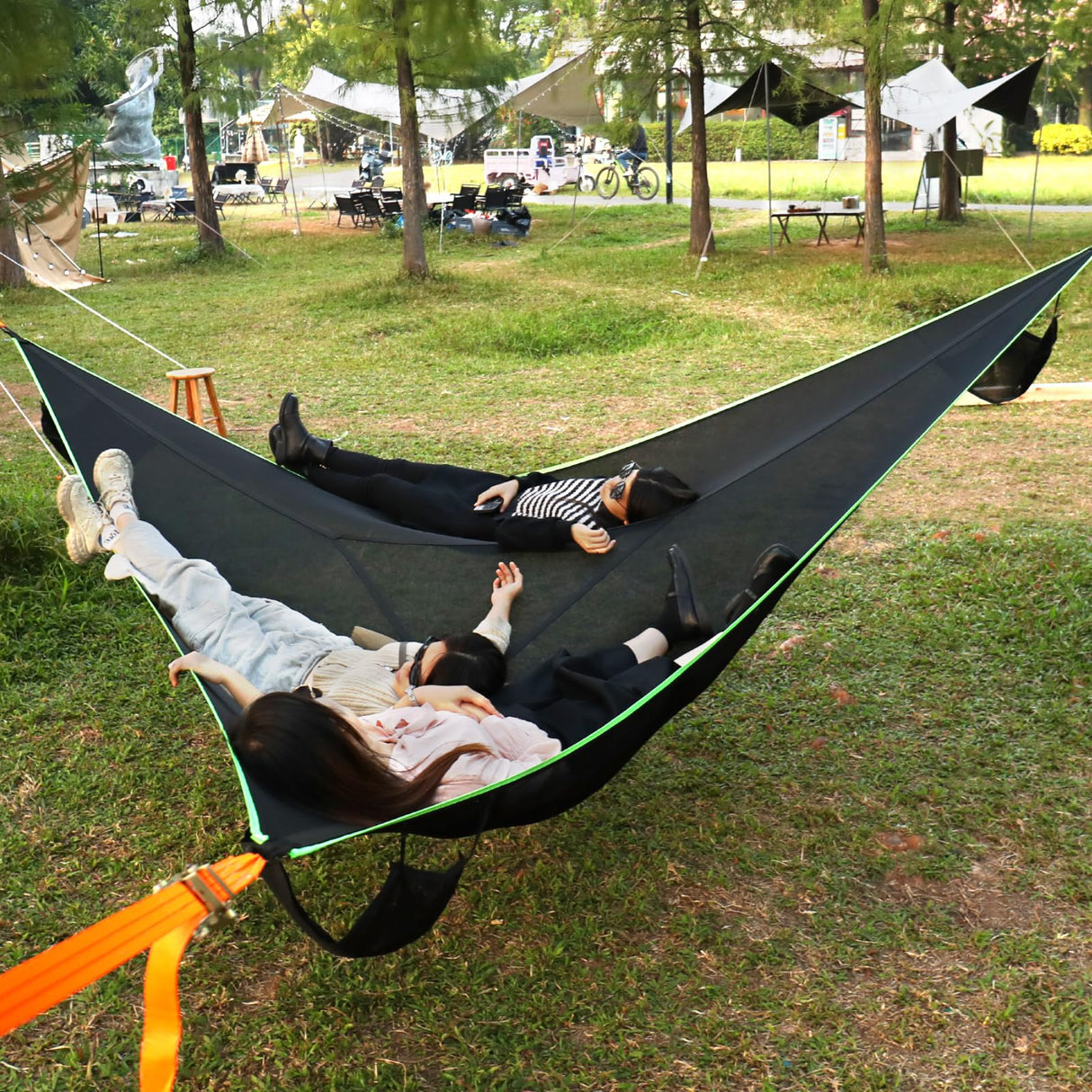 LACE INN Triangle Hammock, 13ft Camping Hammock with 3 Ratchet Tie Down Straps and Storage Bag, 3 Point Hammocks Portable Max 800 Lbs for 2-3 Adult Kid, Multi Person Tree Hammock for Outside Travel LACE INN