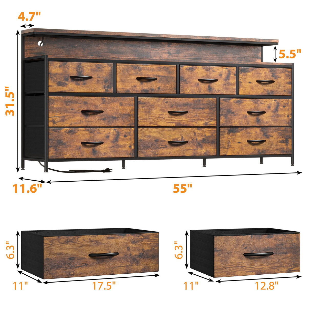 EnHomee 55" W Dresser for Bedroom with 10 Drawers Long Dresser with LED Lights & Power Outlets Wide Dressers & Chests of Drawers Large Dresser for Bedroom Dresser Metal Frame, Wood Top, Rustic Brown EnHomee