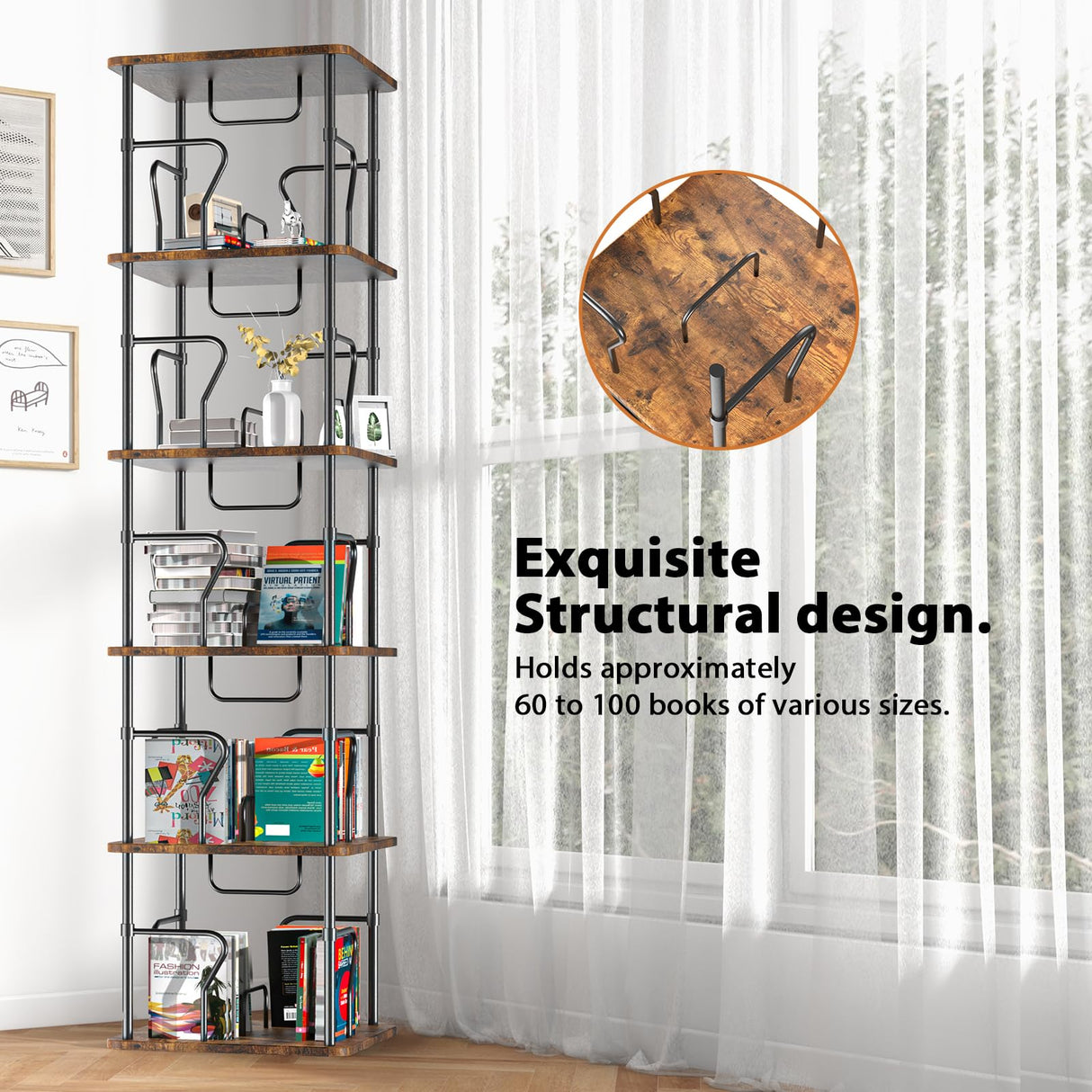 VYRIVA 5 Tier Square Rotating Bookshelf Tower, Spinning Bookshelf, 360° Display Round Bookcase, Floor Standing Corner Revolving Bookshelf Organizer Storage Rack for Home Study Office, Small Spaces VYRIVA