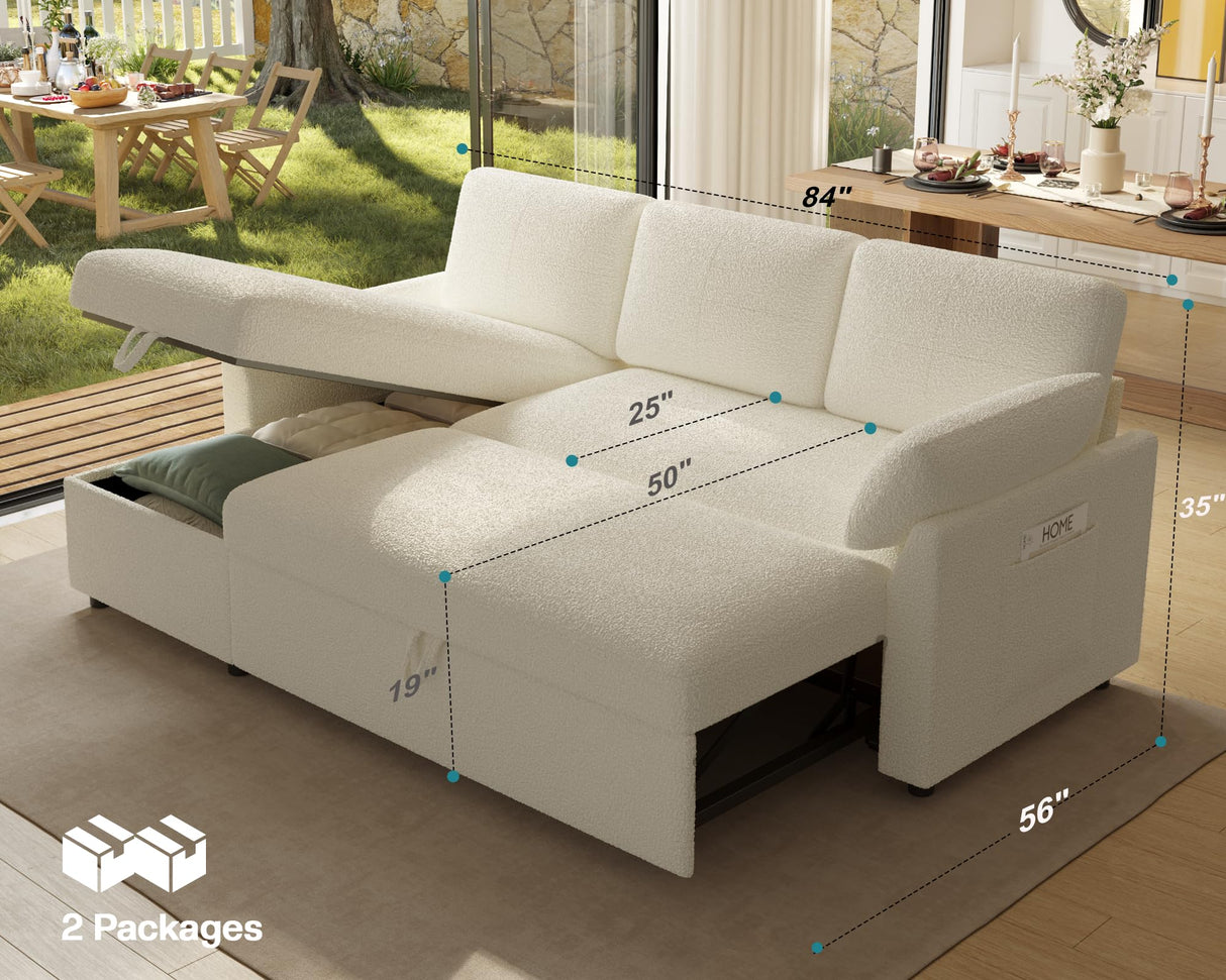 AMERLIFE Sleeper Sofa, 2-in-1 Sofa Bed with Storage Chaise, Pull Out Sofa Couch for Living Room, Guest Room, Boucle White AMERLIFE