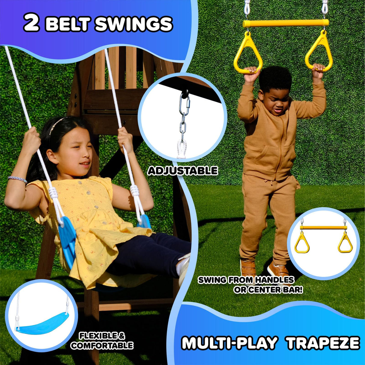 Sportspower™ Rosemont Wooden Swing Set with 8' Slide, 2 Adjustable Swings, Trapeze, Play Fort with Rock Climber, Sandbox, Picnic Table, Chalk Tarp & Anchor Kit, Outdoor Playset for Kids Ages 3–8 Sportspower