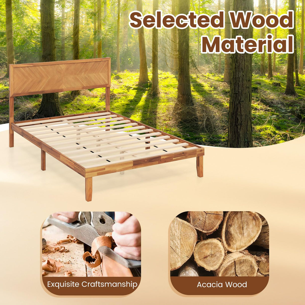 Giantex Wood Full Size Bed Frame with Headboard, Solid Acacia Wood Platform Bed with 12 Strong Wooden Slat Support, Scandinavian Style Art Deco Full Bed Frame, No Box Spring Needed, Rustic Brown Giantex