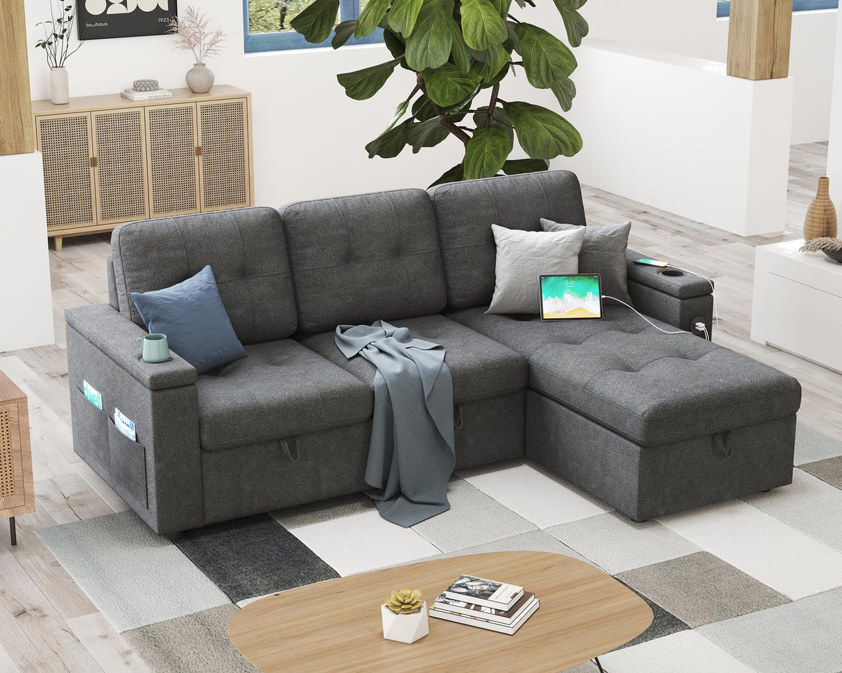 AMERLIFE 84 Inch Pull Out Couch Bed, Sofa Bed with Storage Chaise, L Shaped Sleeper Sofa with 2 USB Sockets & Cup Holders- Dark Grey AMERLIFE