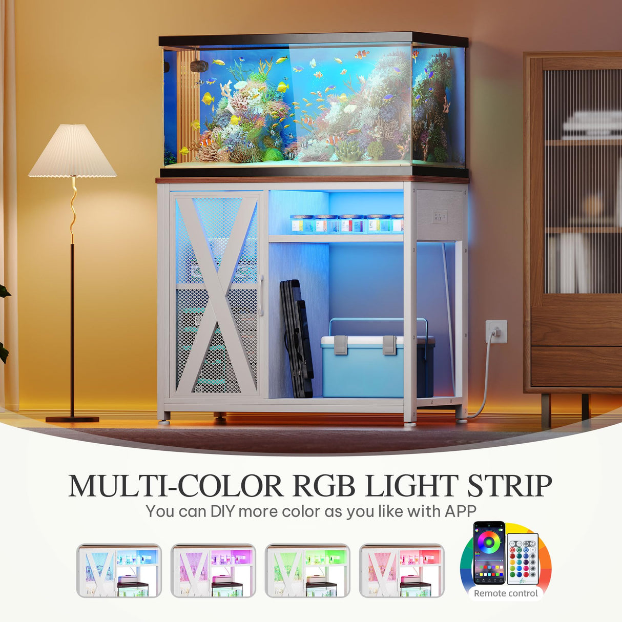 YITAHOME Fish Tank Stand with Power Outlets & LED Light, 40-50 Gallon Metal Aquarium Stand with Cabinet for Fish Tank Accessories Storage for Turtle Tank, Reptile Terrarium, 660LBS Capacity, White YITAHOME