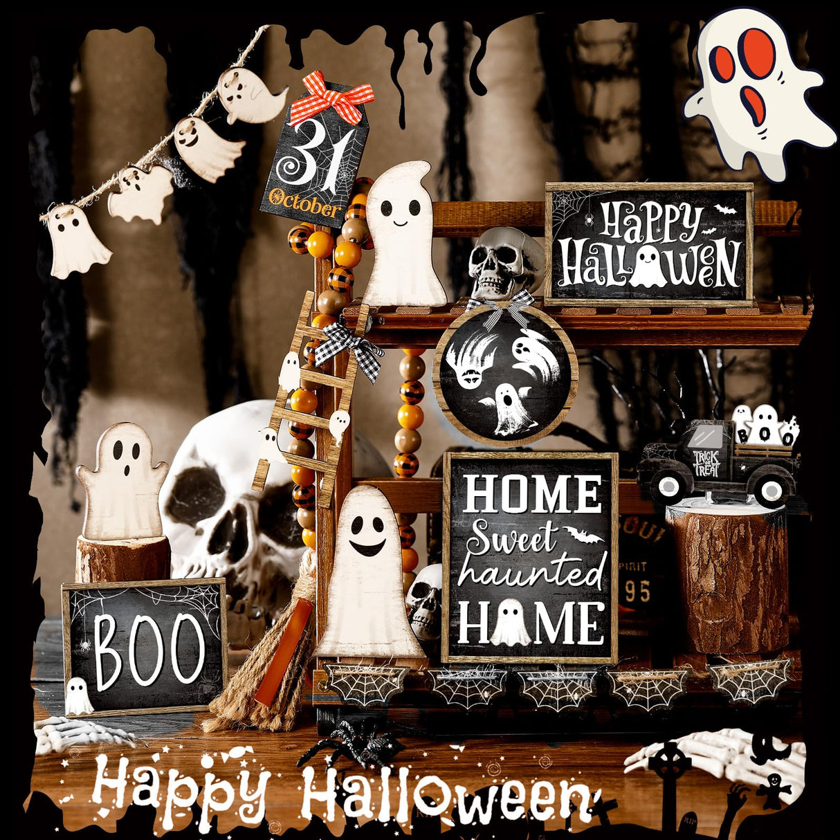 MiniInflat 21 Pcs Halloween Tiered Tray Decor Set Happy Halloween Wooden Signs Rustic Table Centerpieces Farmhouse Tiered Tray Decor for Halloween Home Table Kitchen, Tray Not Included(Ghost) MiniInflat