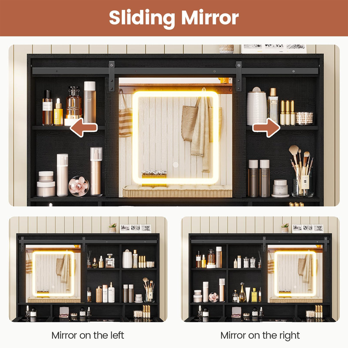 BTHFST Farmhouse Makeup Vanity with Lights & Sliding Mirror, Glass Top Vanity Desk with Charging Station, Large Makeup Table with 5 Drawers & Shelves BTHFST