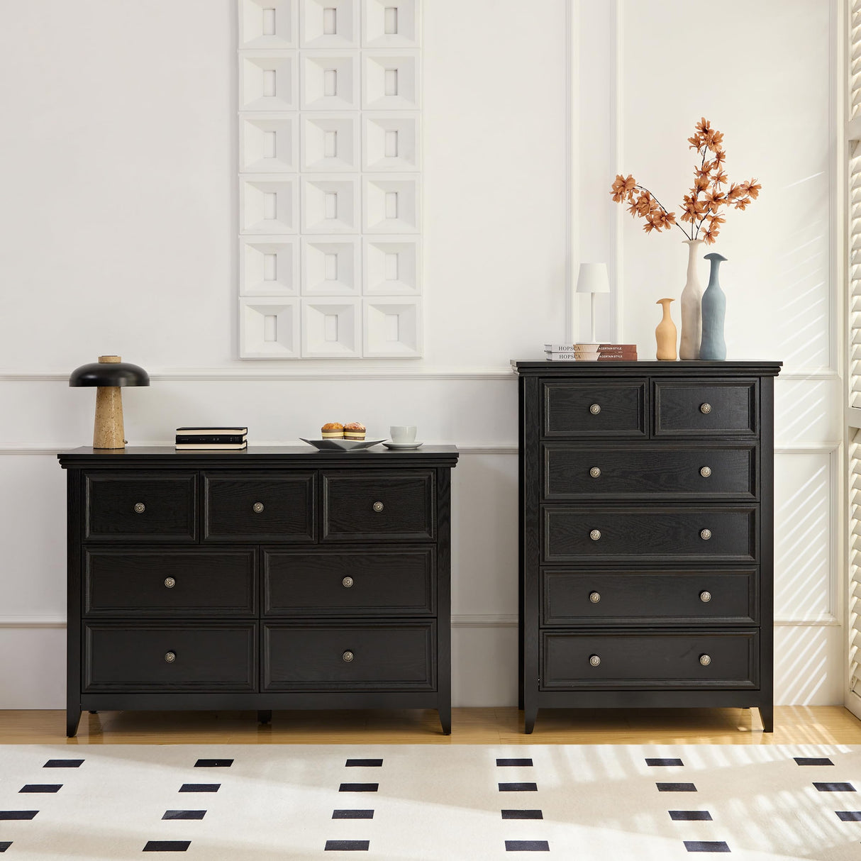 BOSHIRO Black Dresser, 6 Chest of Drawers, Modern Black Dresser for Bedroom, Farmhouse Dresser, Storage Organizer Drawer Cabinet with Wide Drawers for Entryway and Hallway BOSHIRO