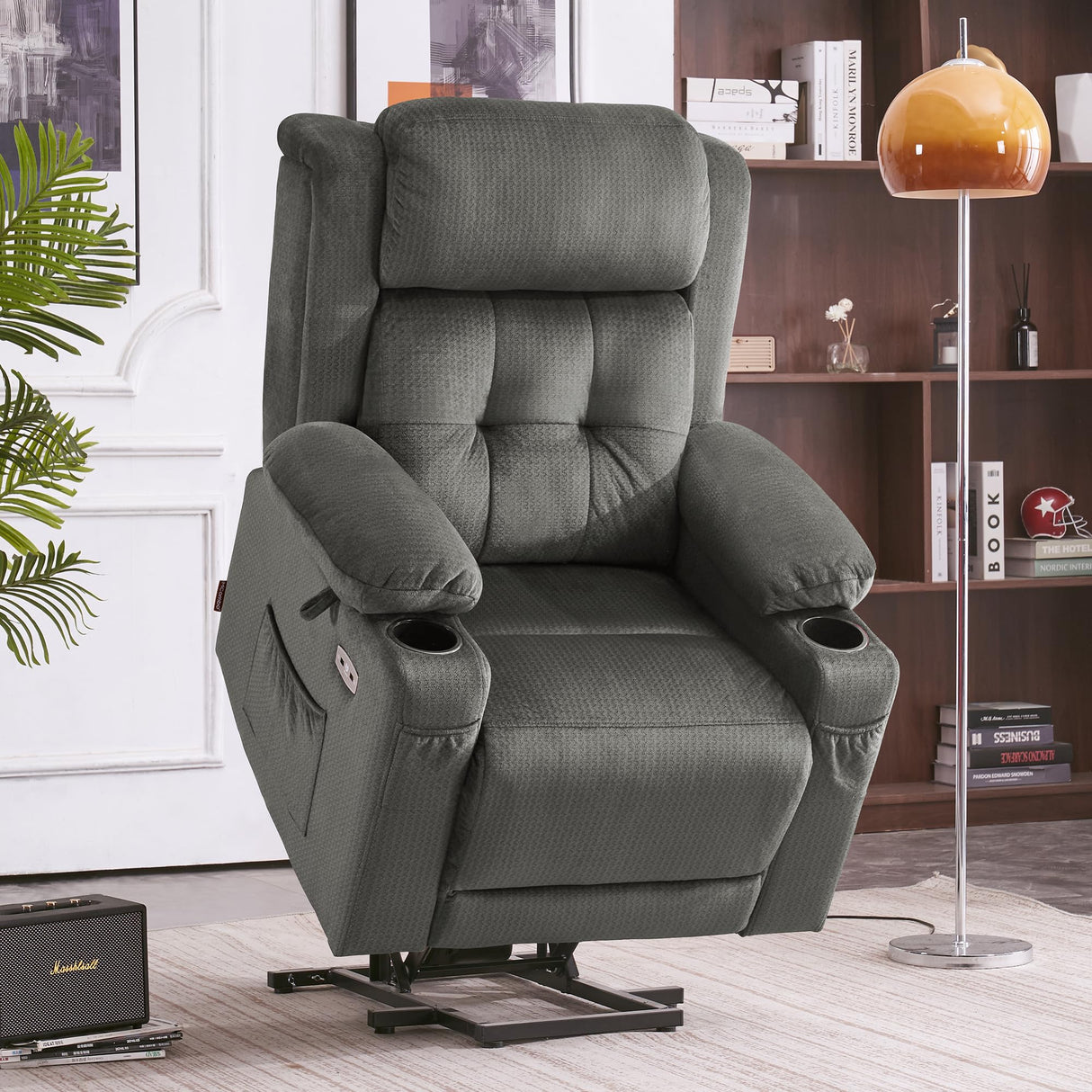 MCombo Medium Dual Motor Power Lift Recliner Chair with Massage and Heat for Elderly People, Adjustable Headrest, Infinite Position, USB Ports, Fabric 7661 (Grey, Medium) MCombo
