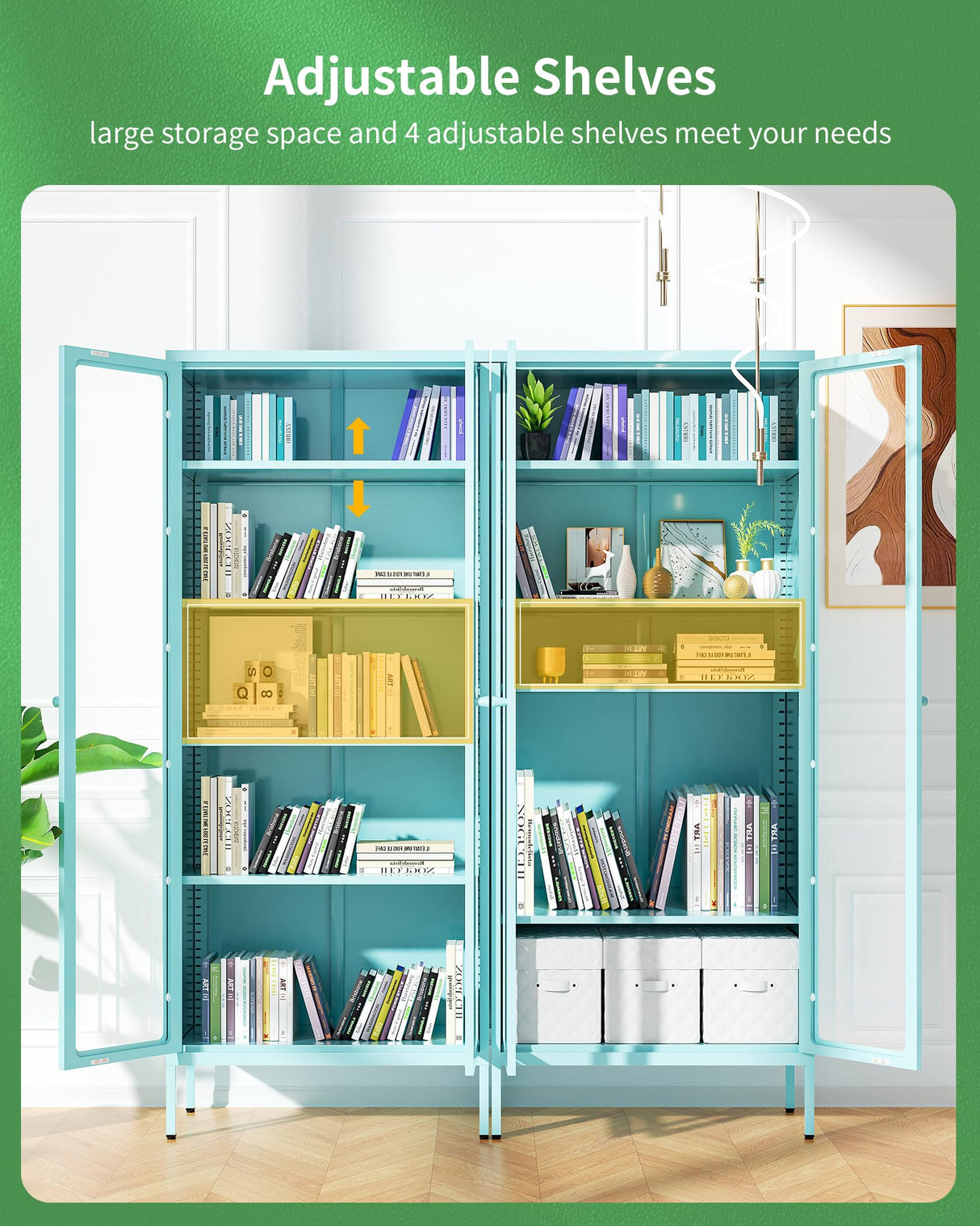 Bonusall Display Cabinet with Glass Doors,67” Metal Display Curio Cabinet with Glass Doors and 4 Adjustable Shelves for Collectibles,Home Office,Living Room,Gaming Room(Blue) Bonusall