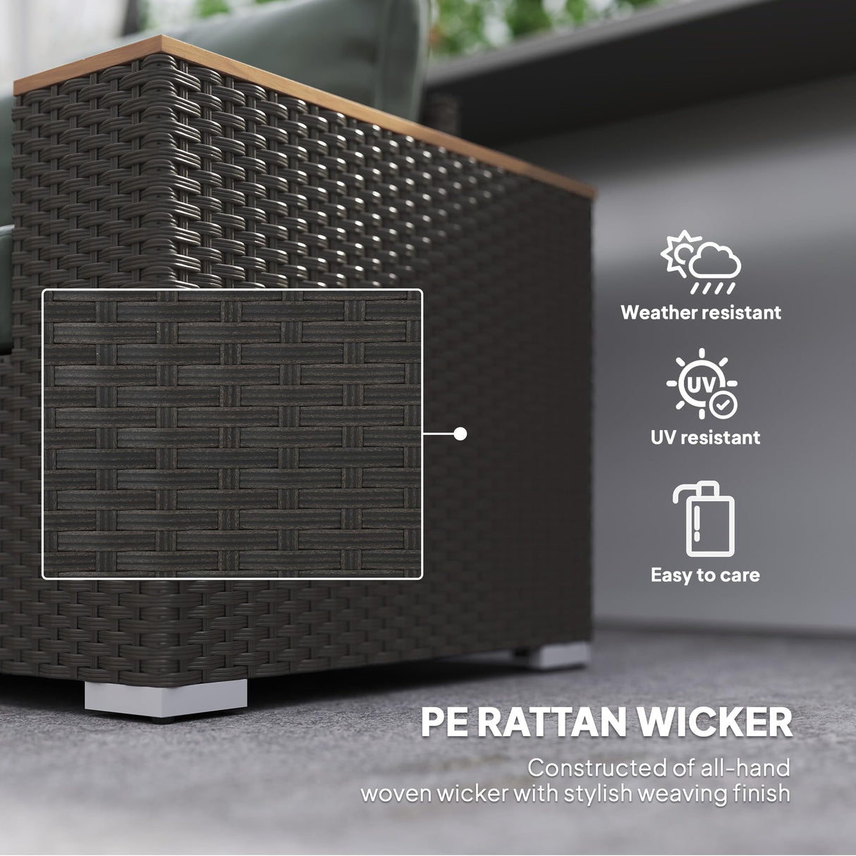 Outsunny 3-Seat Outdoor Patio Sofa with Cushions, PE Rattan Wicker Sofa with Wood Grain Wide Armrests, Outdoor Wicker Couch for Porch, Garden, Sunroom, Poolside, Dark Gray Outsunny