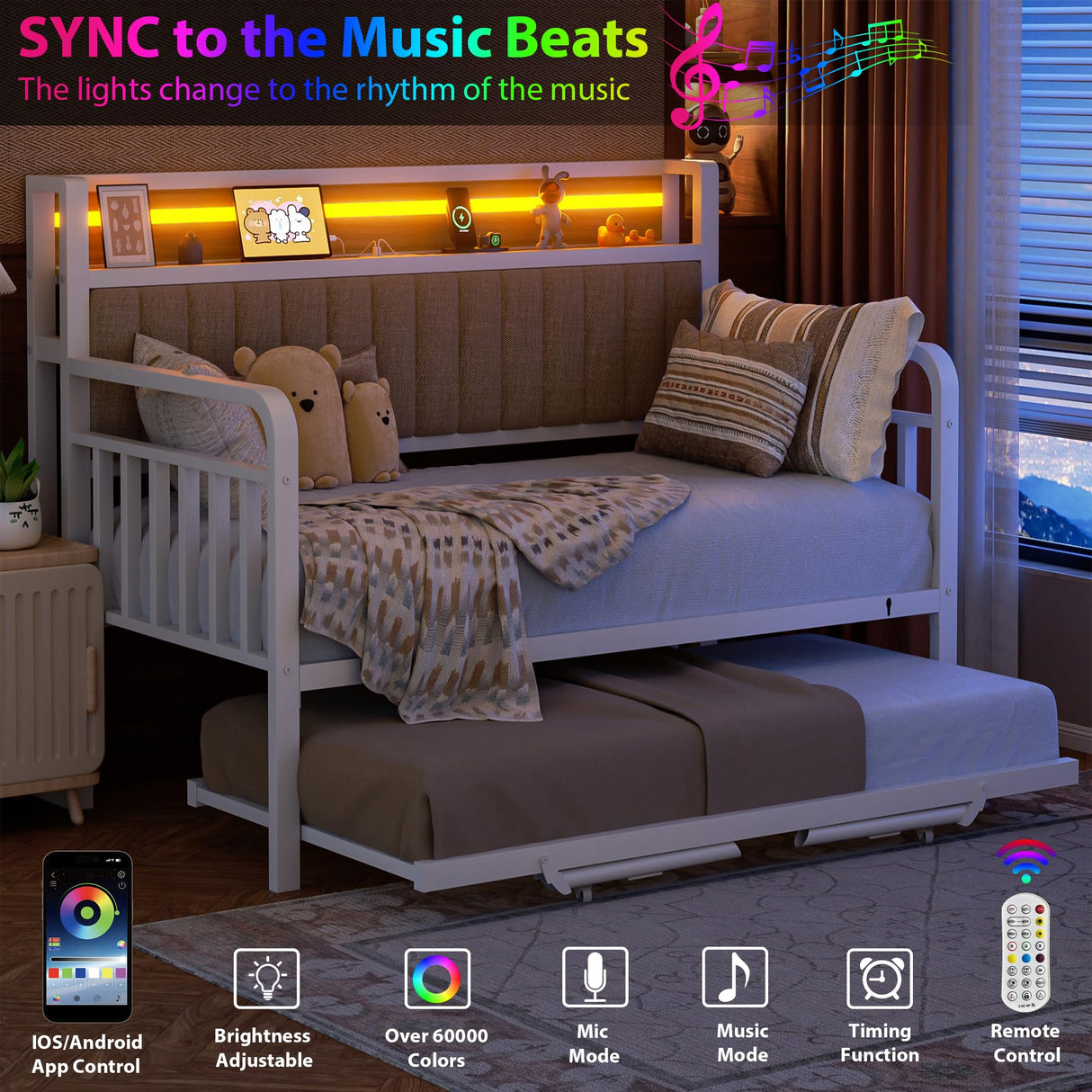 Daybed with Trundle and LED Light, Heavy Duty Metal Twin Bed Frame with Upholstered Storage Headboard & Charging Station, Day Bed Pop Up Trundle Bed Twin for Living Room,Bedroom and Guest Room, White Jocoevol