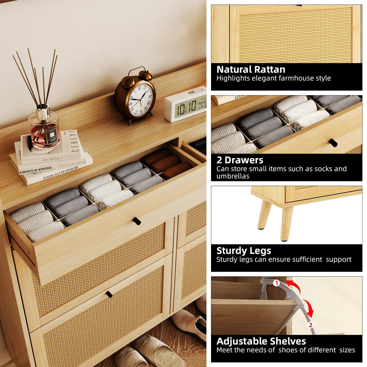 Rattan Shoe Storage Cabinet, Narrow Shoe Organizer with 4 Flip Drawers, 2 Drawers, Farmhouse Entryway Shoe Cabinet, Wooden Shoe Cabinet for Entrance, Hallway CuisinSmart