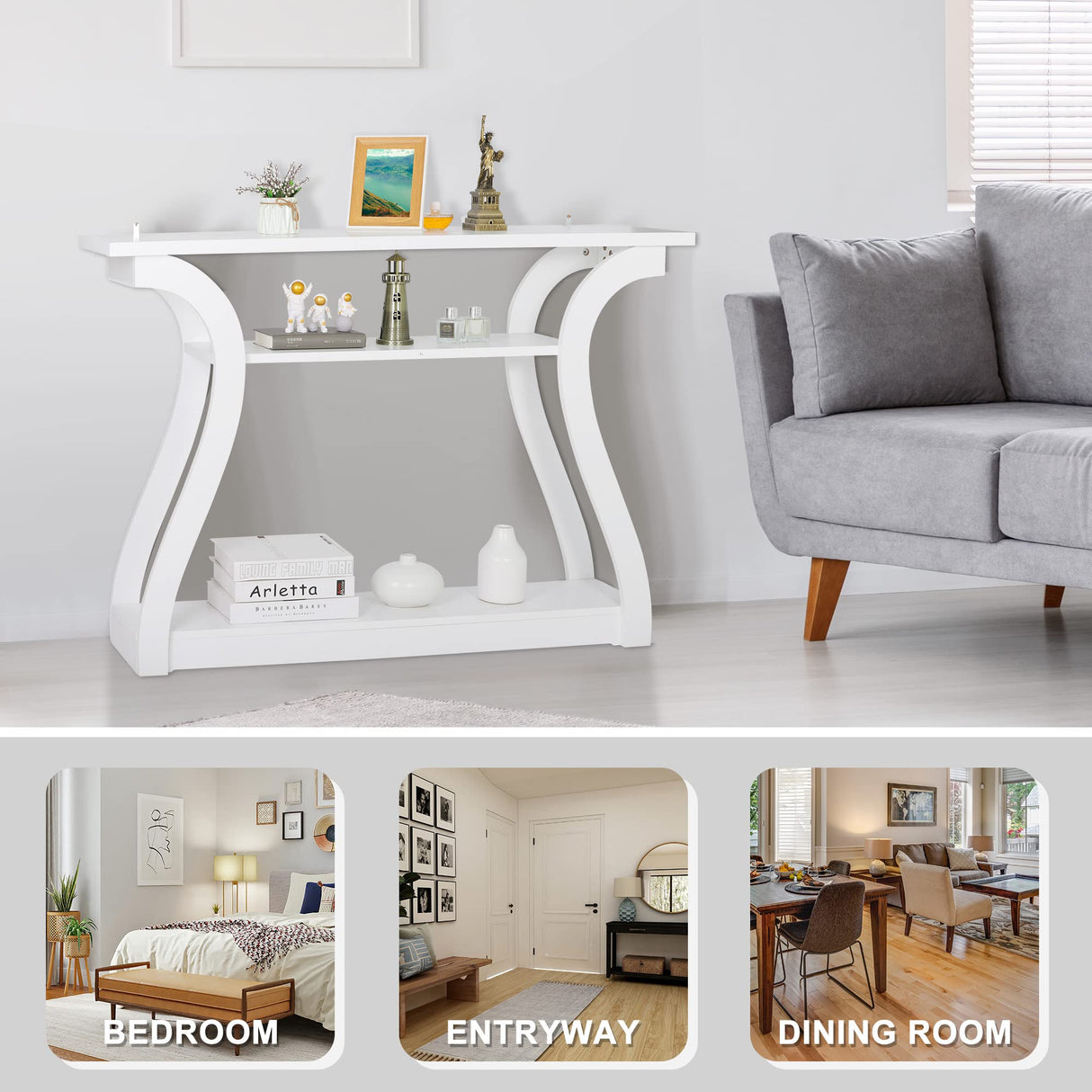 SUPER DEAL Wood Console Table for Entryway, 3 Tier Modern Sofa Table with Curved Frame and 2 Open Storage Shelves, Narrow Table for Hallway Living Room Bedroom, 47 in White SUPER DEAL