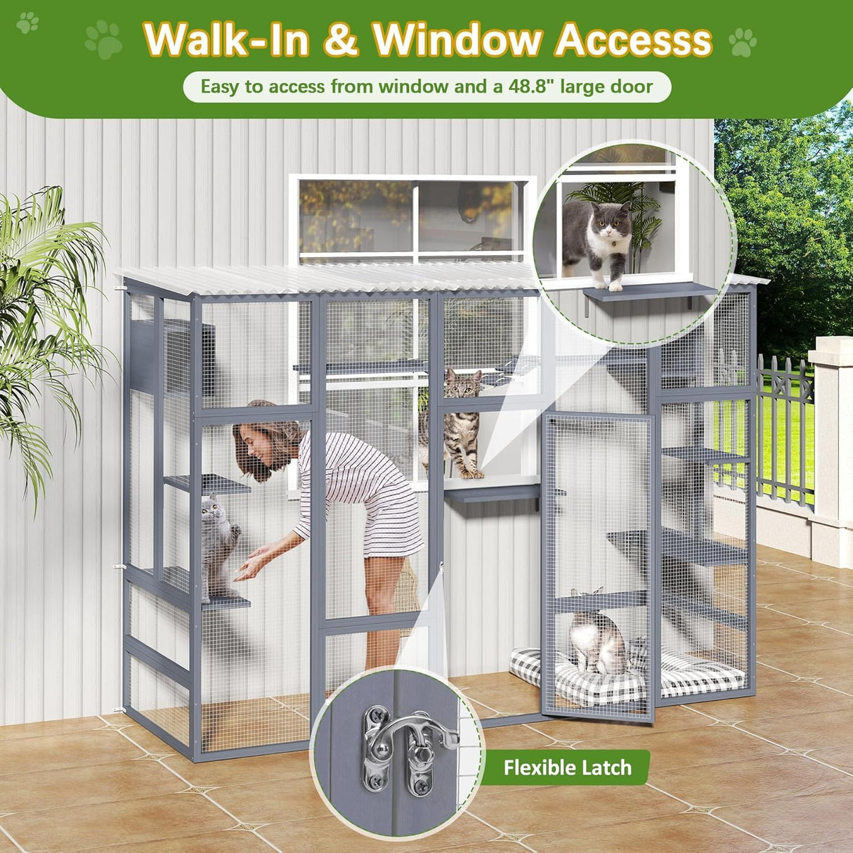 COZIWOW Catio Outdoor Cat Enclosure Window, 104" Wooden Large Catio Outside Cattery for Multiple Cats with Sloped Waterproof Cover, Grey COZIWOW