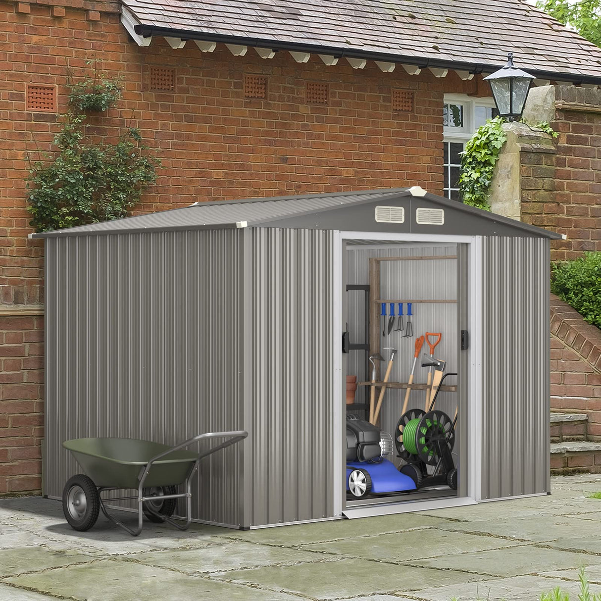 Goplus Outdoor Storage Shed, 8.5’ x 6.8’ x 6’ Weather-Resistant Utility Tool Organizer w/Foundation, 4 Louvers, Double Doors & Ramp, Galvanized Steel Tool Shed for Garden, Lawn, Yard Goplus