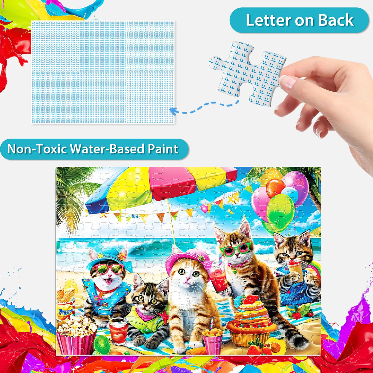 Puzzles for Kids Ages 4-8 6-8 8-10 Year Old and Seniors - Funny Cats Puzzle Beach Kitten Jigsaw Puzzles, 100 Piece Puzzle for Toddler Children Learning Educational Puzzles Toys for Boys and Girls Jeacirio