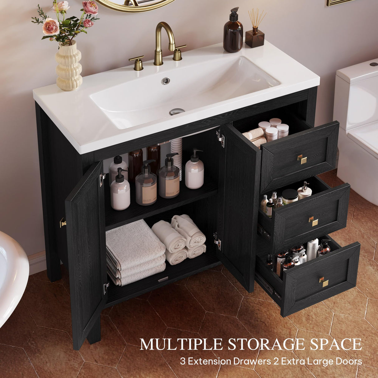 YITAHOME 36" Bathroom Vanity with Sink Set, Vintage Bathroom Cabinet Vanity with Resin Basin, Extra Large Storage with 2 Soft-Closing Doors & 3 Drawers, Black YITAHOME