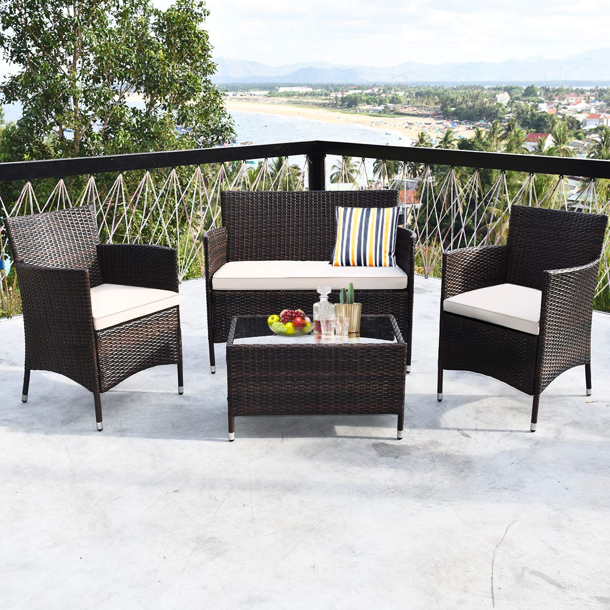Tangkula 8 PCS Patio Rattan Conversation Set, Outdoor Wicker Furniture Set with Tempered Glass Coffee Table &Thick Cushion, Rattan Chair Wicker Set for Garden, Lawn, Poolside and Backyard (2, Brown) Tangkula