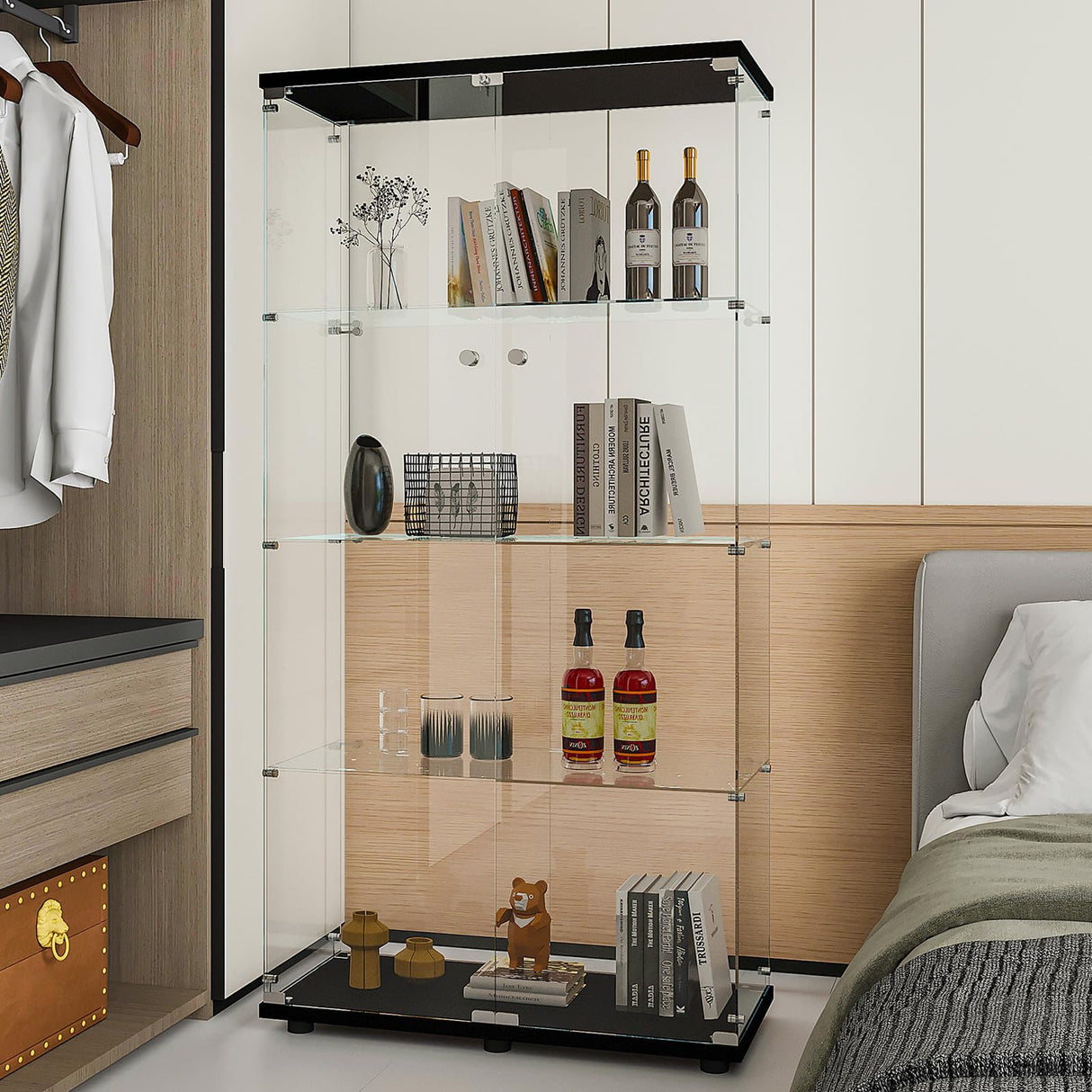 Display Cabinet with Glass Door and Lock, 4-Shelf Fast Installation in 30 Mins Curio Cabinets with 5mm Tempered Glass Floor Standing Bookshelf for Bedroom, Living Room (65'' x32'' x14'', Black) WoodArtSupply