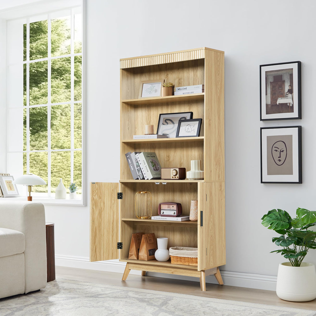 68" Fluted Tall Bookcase with Storage Cabinet,Mid-Century Modern 5-Tiers Arched Bookshelf Cabinet with Doors,Arched Bookcase with Open Display Storage Shelf for Home Office Bedroom Living Room,Natural XUZENEST