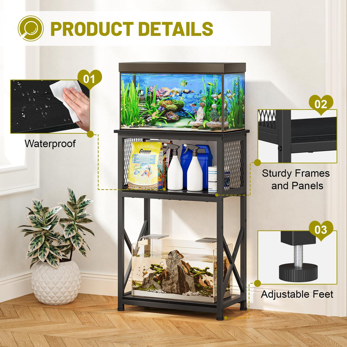 Snughome Fish Tank Stand, 10 Gallon Aquarium Stand with Storage, 3 Tier Heavy Metal Fish Tank Stand Fish Tank Shelf 20.47" x 11.42" x 30.91", Black Snughome