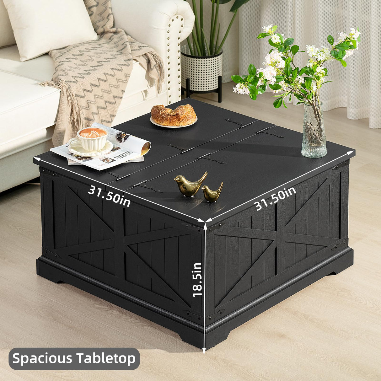 Joaxswe Farmhouse Coffee Table with Large Hidden Storage Compartment, Rustic Black Square Center Table, Wood Low Farm House Modern Living Room Tables with Hinged Lift Top & Wooden Arc Base Joaxswe