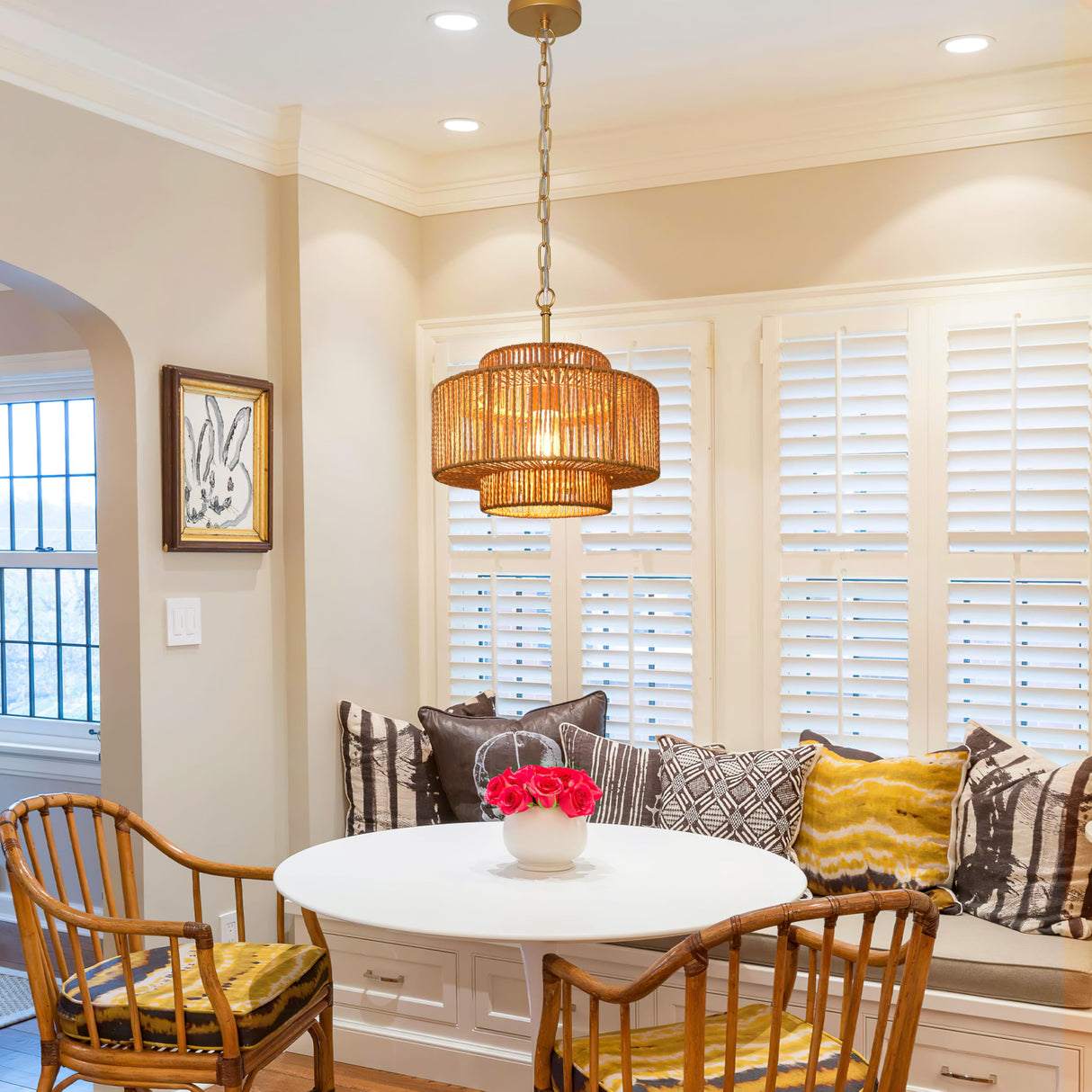 Bagood 12.4" Rattan Chandelier 1 Light Woven Rattan Pendant Light Boho Wicker Pendant Lighting Fixture Farmhouse Chandelier Light Fixture 3-Tier Drum Wicker Rattan Golden Chandelier for Dining Room Bagood