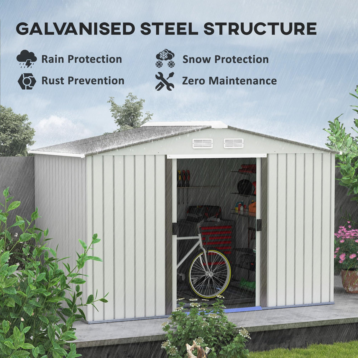 Outsunny 9' x 6' Outdoor Storage Shed, Garden Tool Metal Shed with Foundation Kit, Double Lockable Door, Air Vents and Sloping Roof, for Backyard, Patio, Lawn, Silver Outsunny