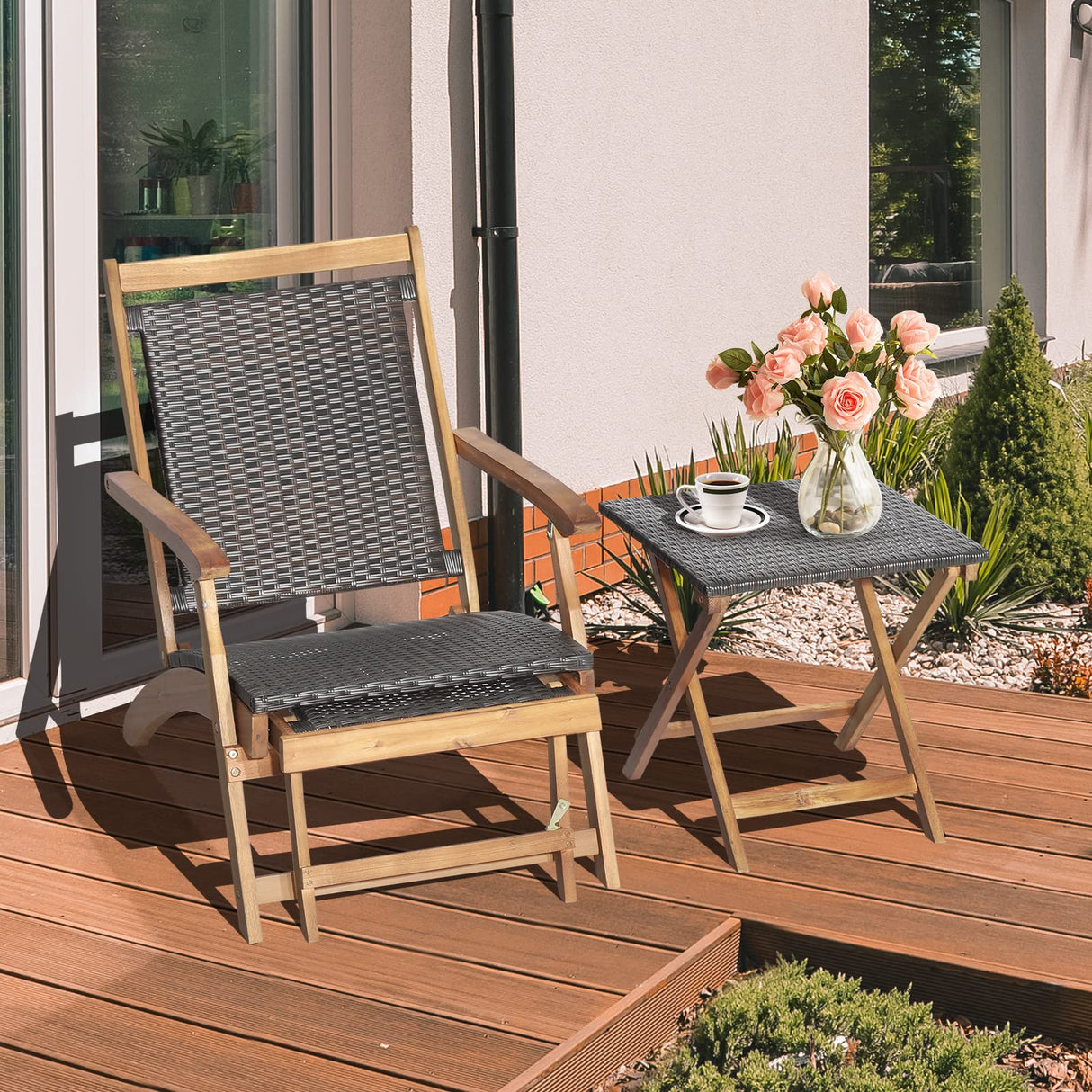HAPPYGRILL Lounge Chair Table Set Outdoor Acacia Wood Lounge Chair with Wicker Side Table Folding Chaise Lounge with Retractable Ottoman for Garden Balcony Poolside HAPPYGRILL