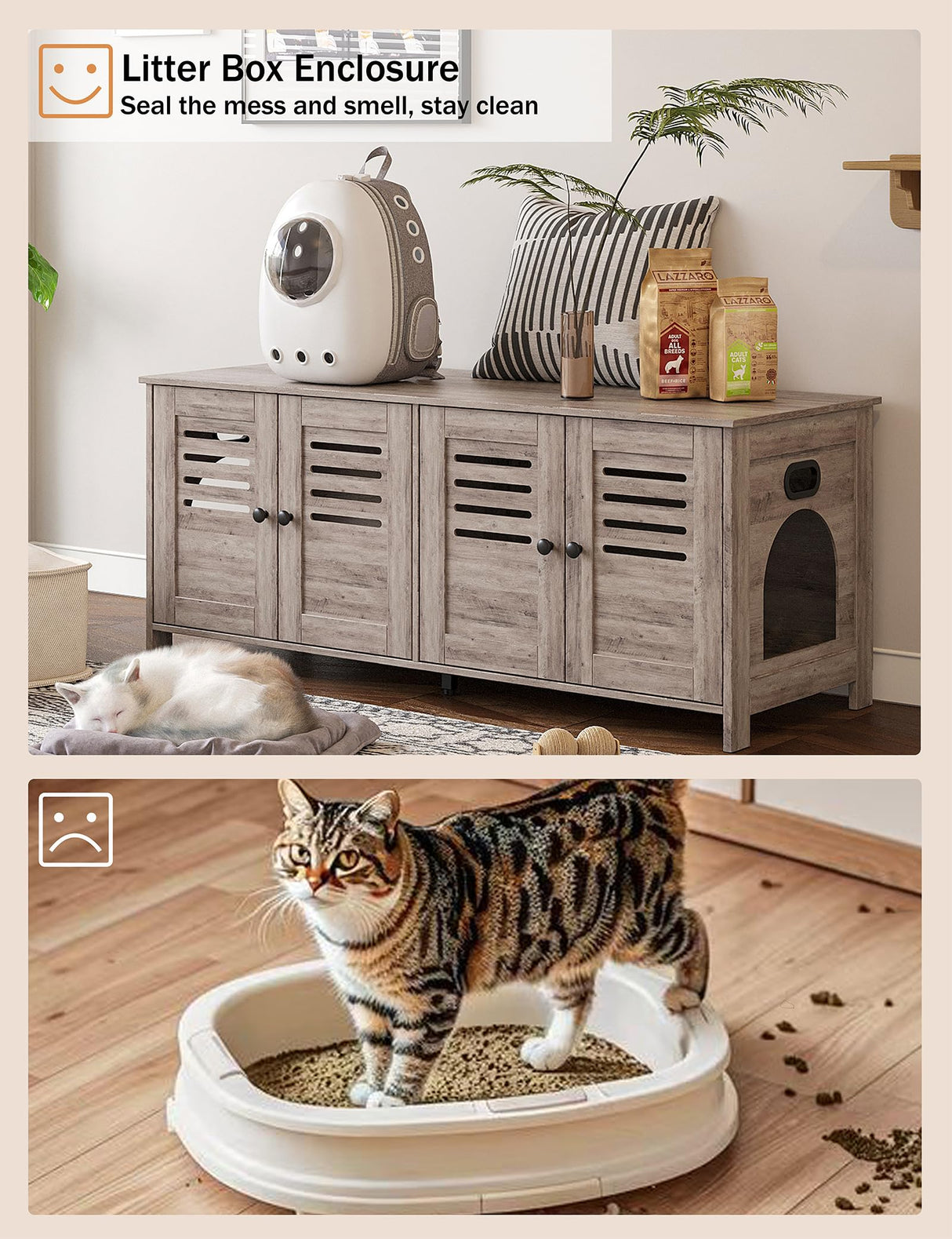 DINZI LVJ Litter Box Enclosure for 2 Cats, Hidden Litter Box Furniture with Double Rooms, Dual Cat Litter House, Front Doors, 47.2" Wooden Hidden Cat Washroom, Side End Table, TV Stand, Greige DINZI LVJ