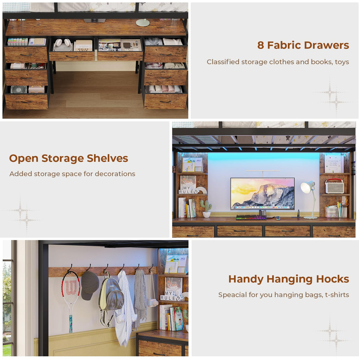 BTHFST Loft Bed with Desk, Full Metal Loft Bed with 8 Drawers Storage & Charging Station & LED Lights, 4 Open Storage Shelves, Noise-Free, Space-Saving, No Box Spring Needed BTHFST