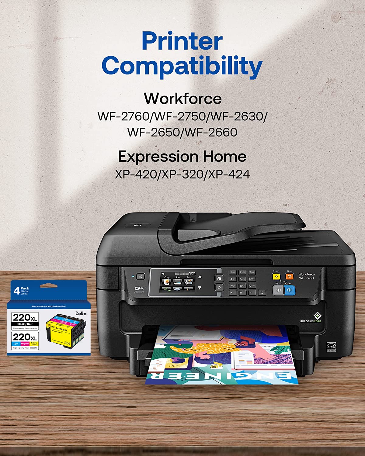 CEEBOO 220XL High Yield Remanufactured Ink Cartridges Replacement for Epson 220 XL, Use with Epson WF-2760 WF-2750 WF-2660 WF-2650 WF-2630 XP-424 XP-420 XP-320 (Black Cyan Magenta Yellow), 4 Pack CEEBOO