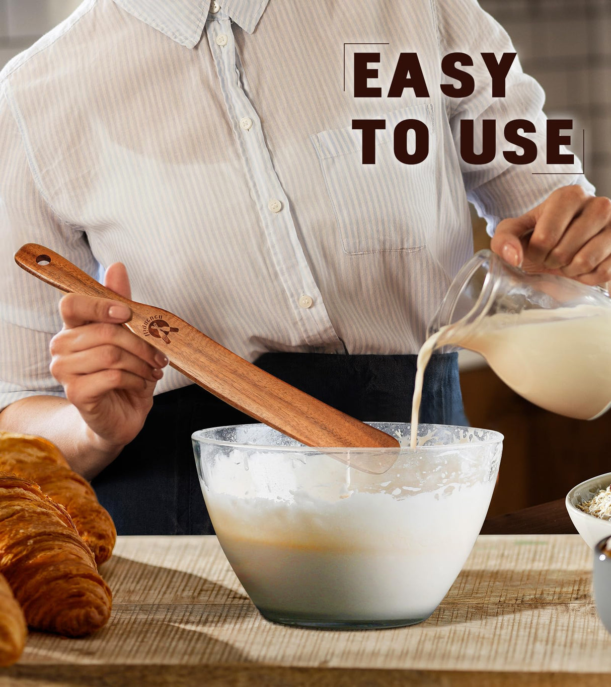 Skinny Spurtle for Sourdough Starter, Mixing, Reaching Bottom of Jar, Dough Whisk, Natural from High Moist Resistance Teak, Spurtles Kitchen Tools Wooden Kitchen Utensils for NonStick Cookware ICSTI