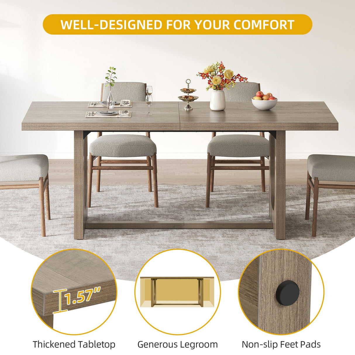 DWVO Dining Room Table for 6-8 People 70.86" Large Rectangle Dining Table Farmhouse Kitchen Table with Heavy Duty Wooden Base Rustic Dinner Table for Apartment Living Room Grey Oak DWVO