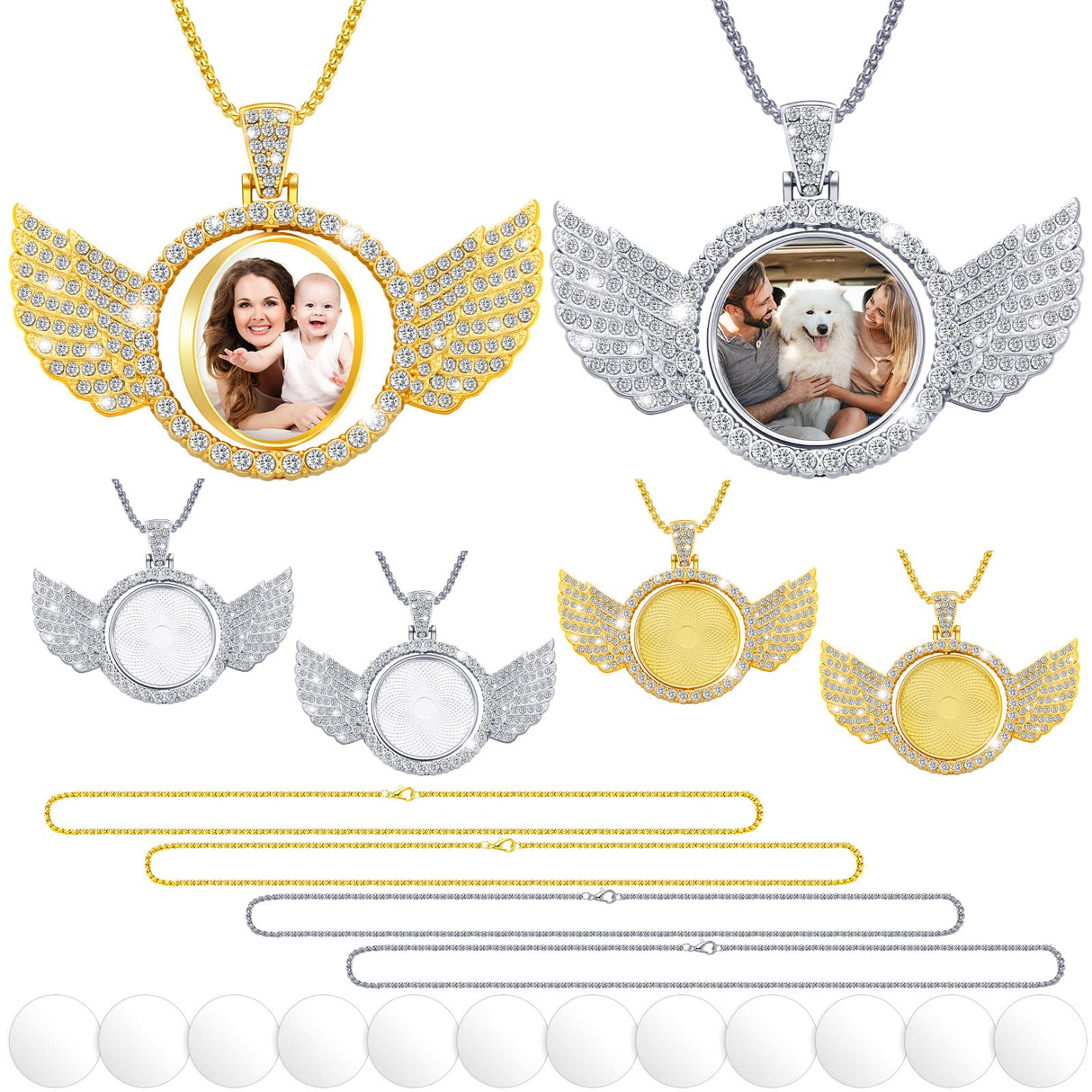Junkin 24 Pcs Sublimation Rhinestone Trays Pendant Set, Including 6 Double Sided Blank Rhinestone Bezel Trays, 6 Pcs Thick Chains with 12 Sublimation Discs for Making (Sliver and Gold) Junkin