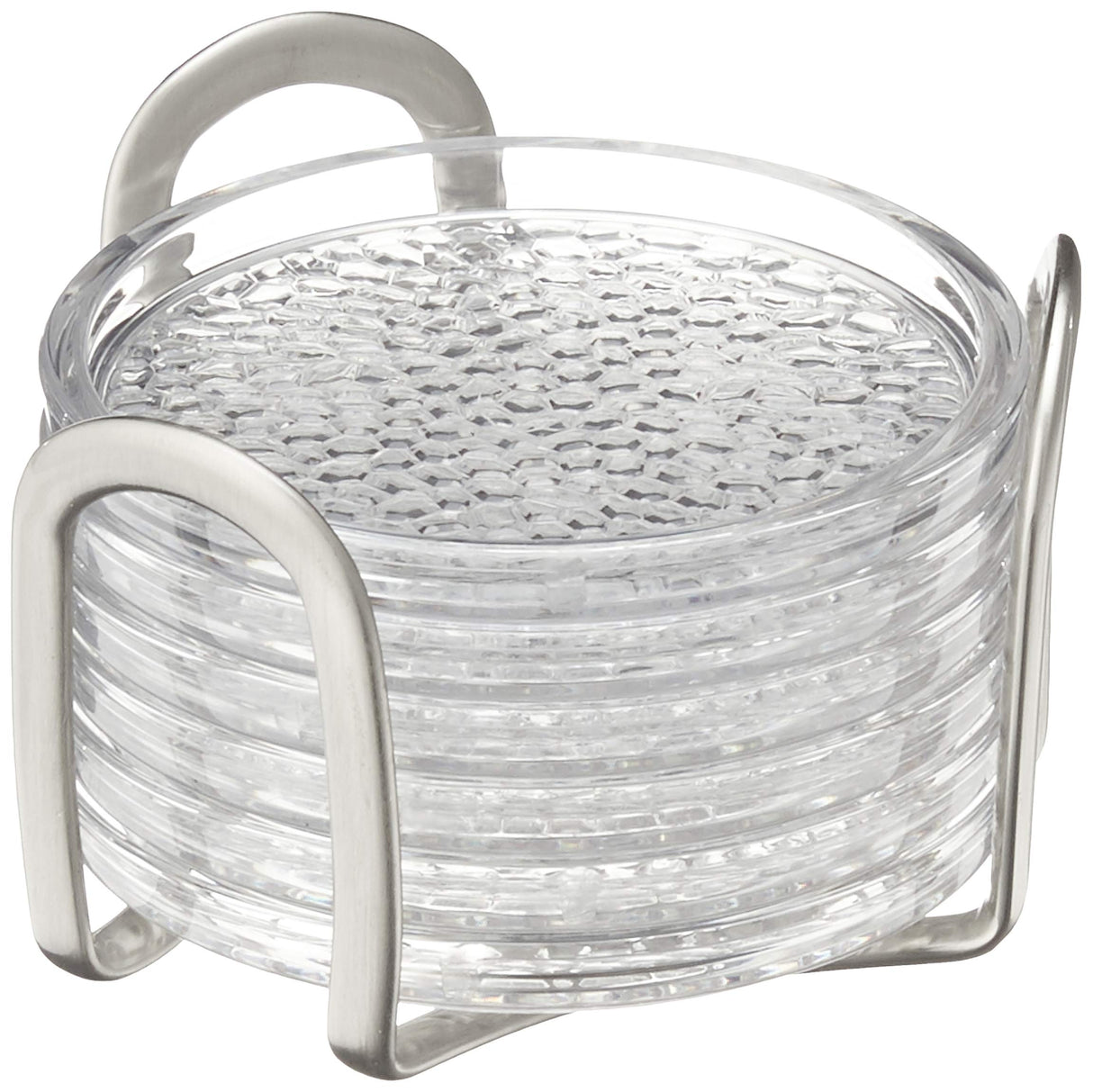 iDesign Rain Stainless Steel Drink Coasters with Holder for Home Counters, Kitchen, Dining Room, Living Room, Patio, Coffee Table, Set of 6, Clear InterDesign