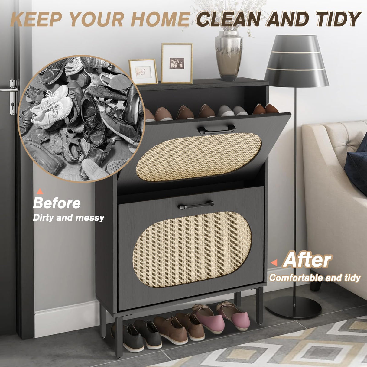 SUNCROWN Shoe Storage Cabinet with 2 Flip Drawers, Freestanding Narrow Shoe Rack Organizer for Entryway with Natural Semi-Circular Rattan Doors, Shoe Shelves,Black SUNCROWN