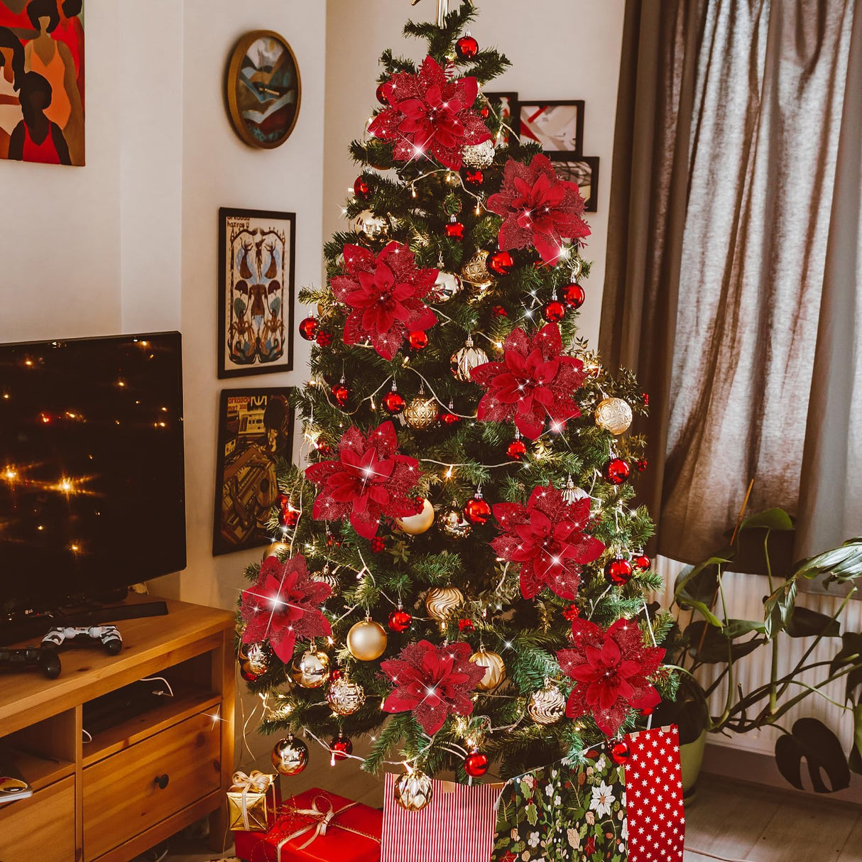 15 PCS Poinsettia Flower Artificial Poinsettia with Clips Christmas Decor Glitter Poinsettia Christmas Ornaments Christmas Tree Flower Decorations with Stems DIY Xmas Wreath Holiday Home Party Decor Childom