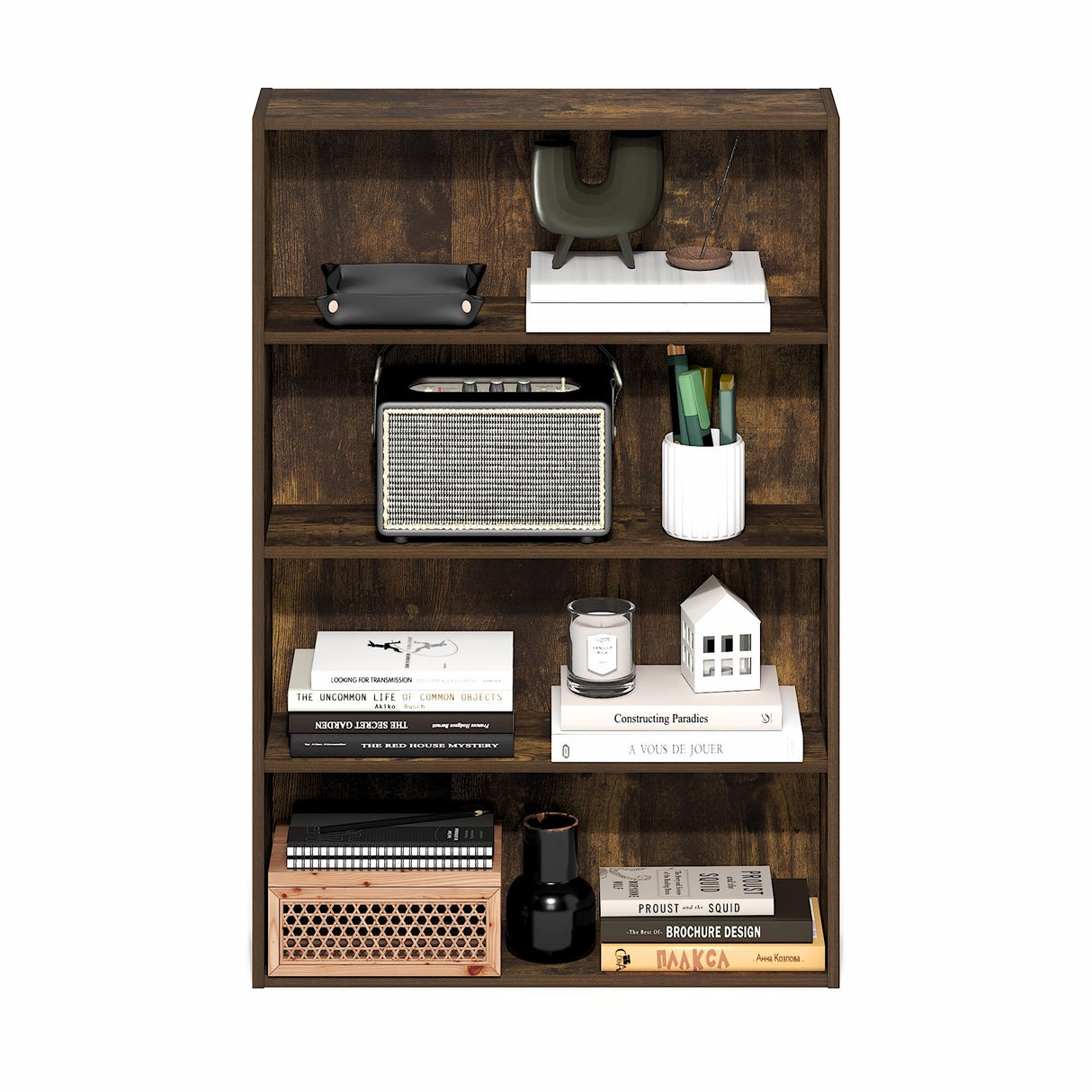 Furinno Basic Book Shelf, 4-Tier Bookcase with Open Shelf, Bookshelf, Cube Storage Organizer, 6 x 24 x 35, for Living Room, Bedroom, Home Office, Amber Pine Furinno