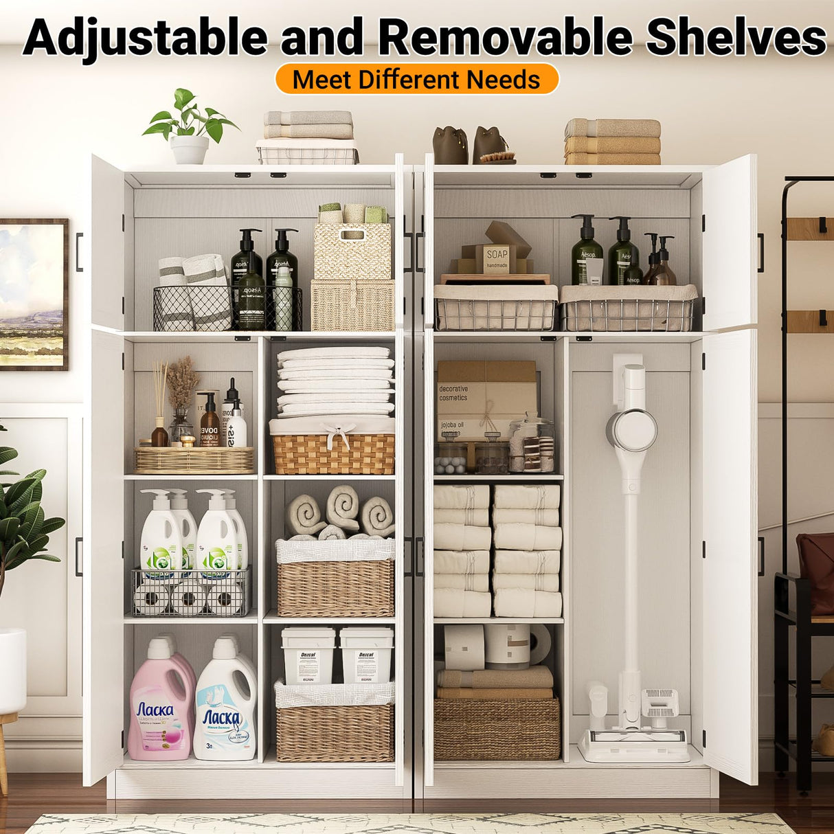 Unikito 71” Tall Storage Cabinet, Farmhouse Kitchen Pantry Cabinet with Adjustable Shelves and Barn Doors, Large Bathroom Storage Cabinet, Storage Cupboard for Dinning, Living Room, Office, 2 Pack Unikito