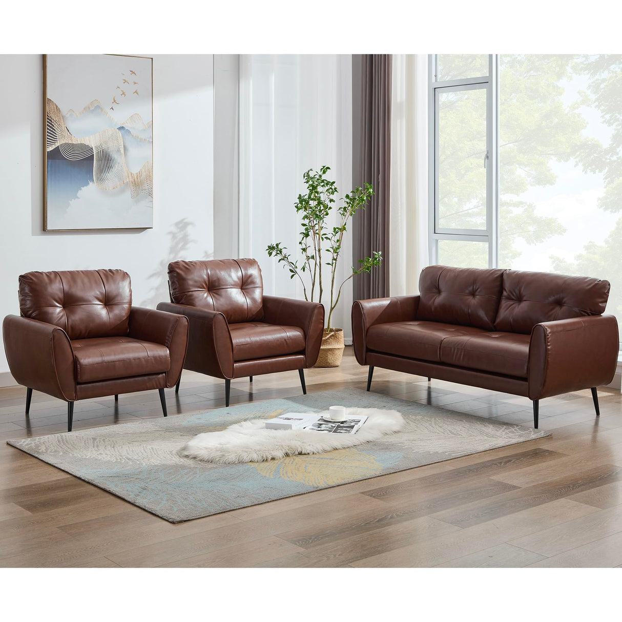 TYBOATLE Sofa Couch 61" Small Loveseat Couches for Living Room Leather Couch Mid Century Modern Tufted Mini Sofa Comfy Office 2 Seat Settee Love Seat Loveseat for Small Spaces Bedroom (3, Brown) TYBOATLE