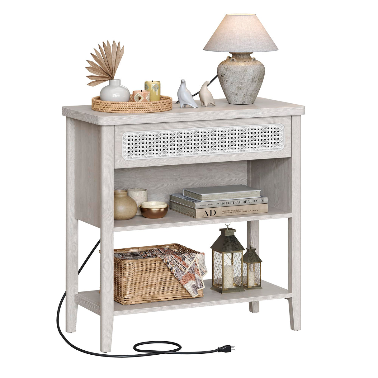 VASAGLE Console Table with Power Outlets, Entryway Table with Storage Shelf, Sofa Table with Drawer, Open Compartment, Rounded Corners, for Living Room, Boho Style, Oatmeal Beige ULNT140K66 VASAGLE