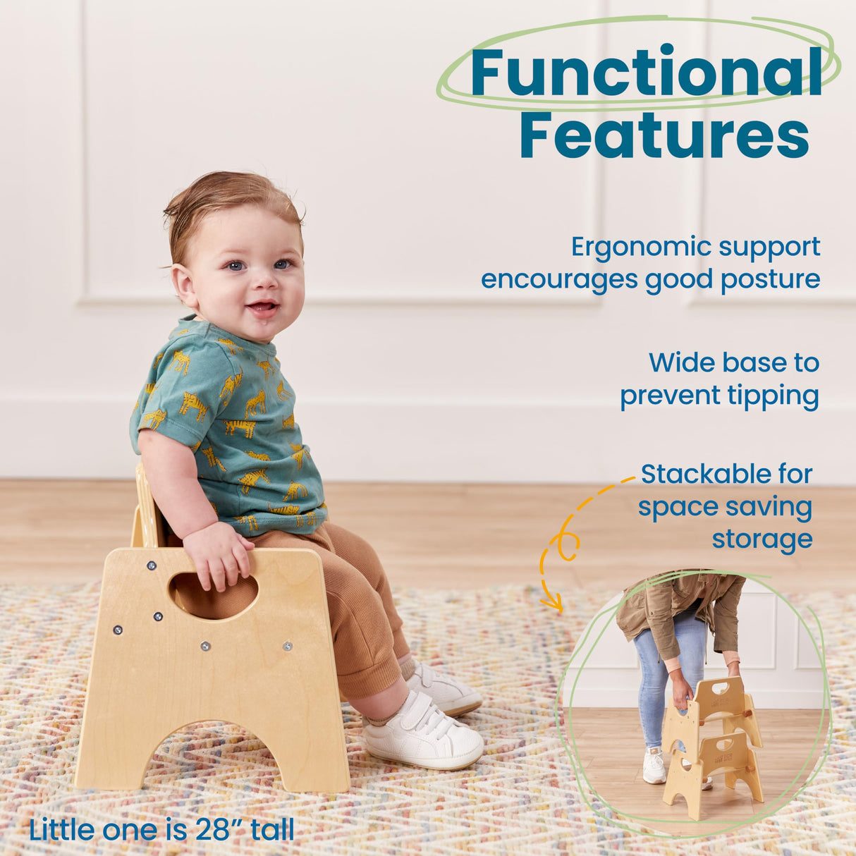 ECR4Kids Stackable Wooden Toddler Chair, 6in, Kids Furniture, Natural, 2-Pack ECR4Kids