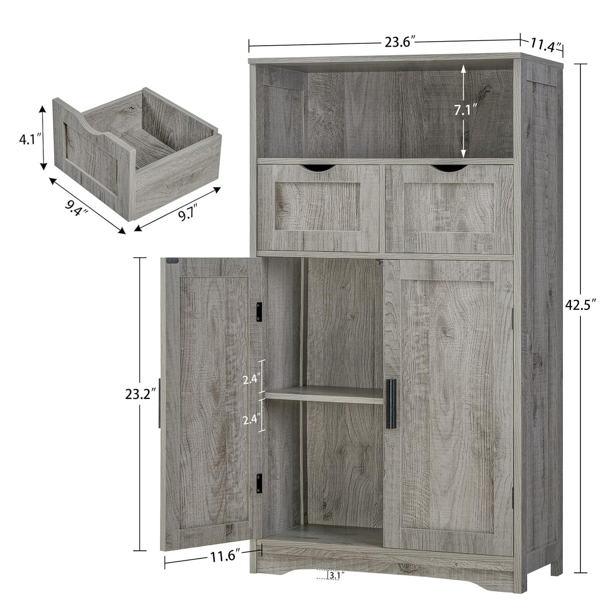 Iwell Bathroom Cabinet with 2 Drawers & 2 Adjustable Shelves, Storage Cabinet with Doors, Cupboard, Floor Cabinet for Living Room, Home Office, Grey Iwell