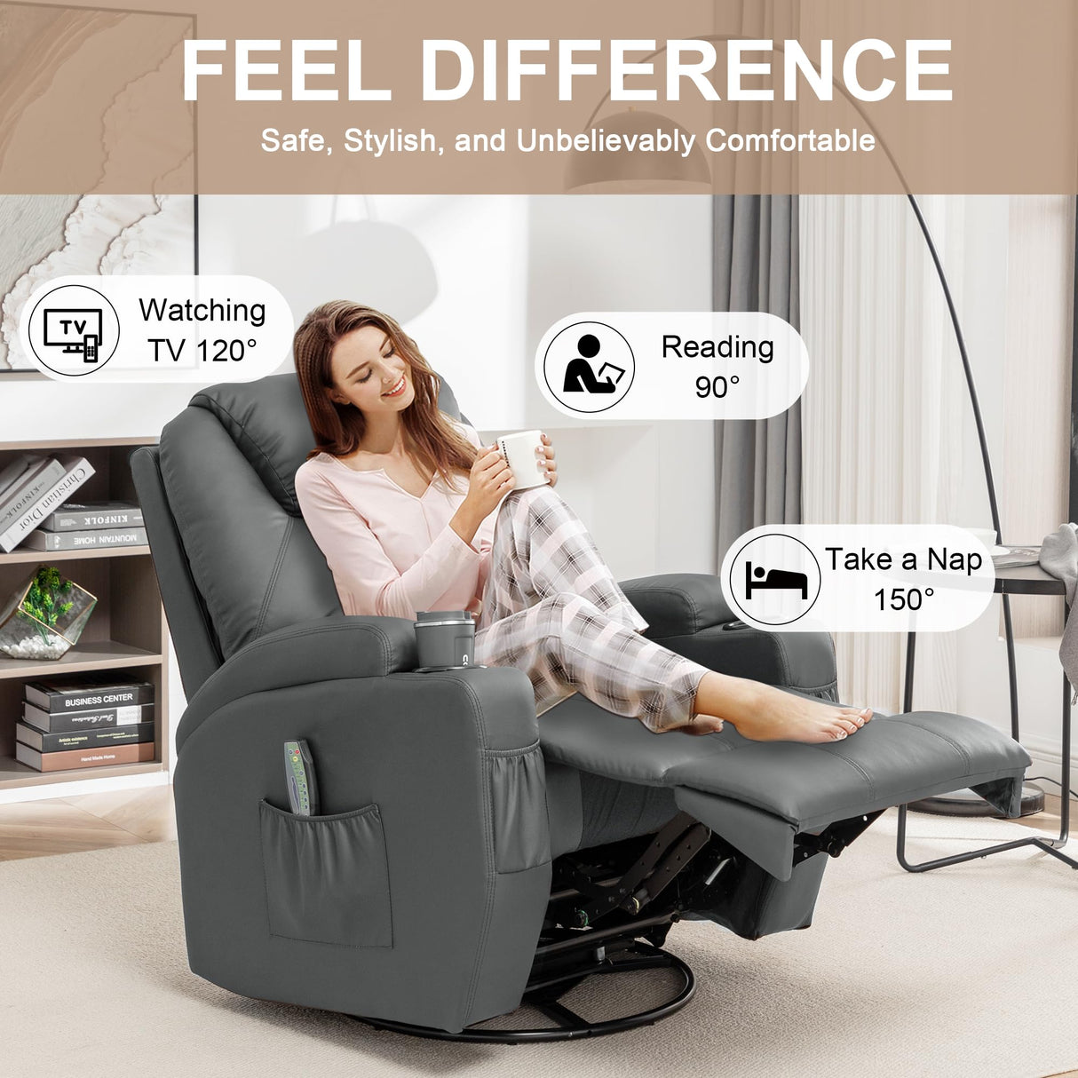 Korser Recliner Chair, Rocking Chair with Massage and Heat, 360° Swivel Recliner Chairs for Adults, Rocker Manual Recliner with Remote Control and Cup Holder for Living Room, Bedroom, Nursery Korser